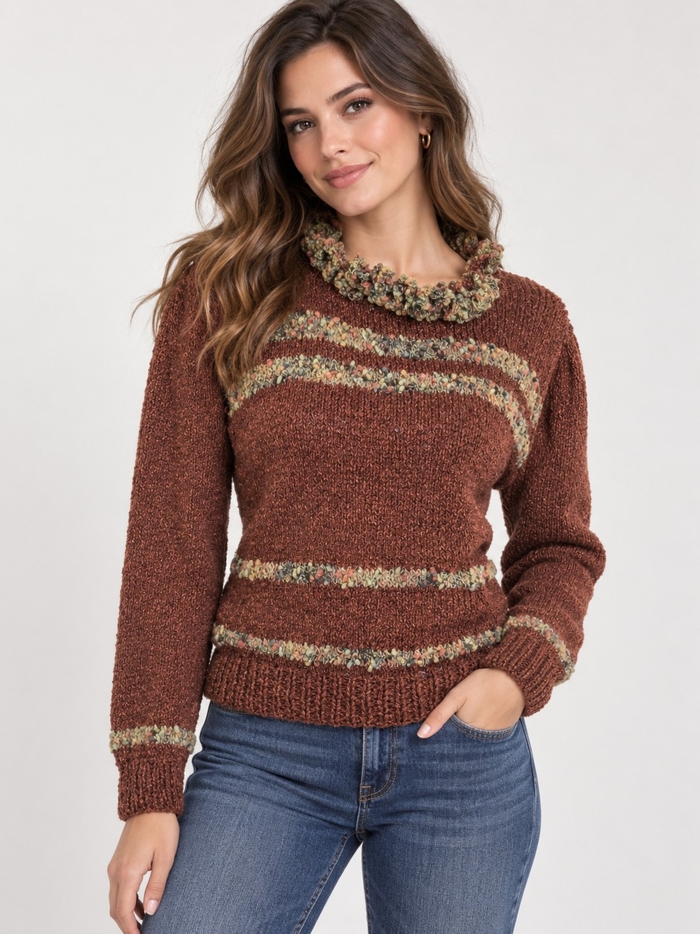 NWOT Handmade Handwoven Cozy Brown Textured Stripe Knitted Sweater Small/Medium